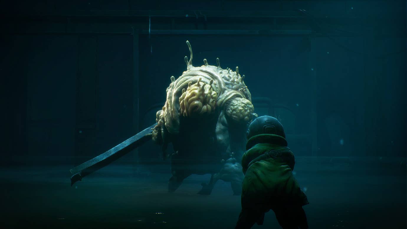 A cinematic view of a big bulgy mutant boss in End Of Abyss, with the player's helmeted character visible in the foreground.